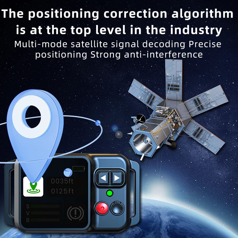 Satellite and device with positioning correction algorithm text on a space-themed background