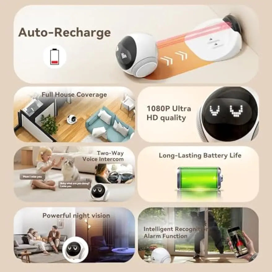 Smart home security camera with features like auto-recharge, full house coverage, and two-way voice intercom on a beige background.