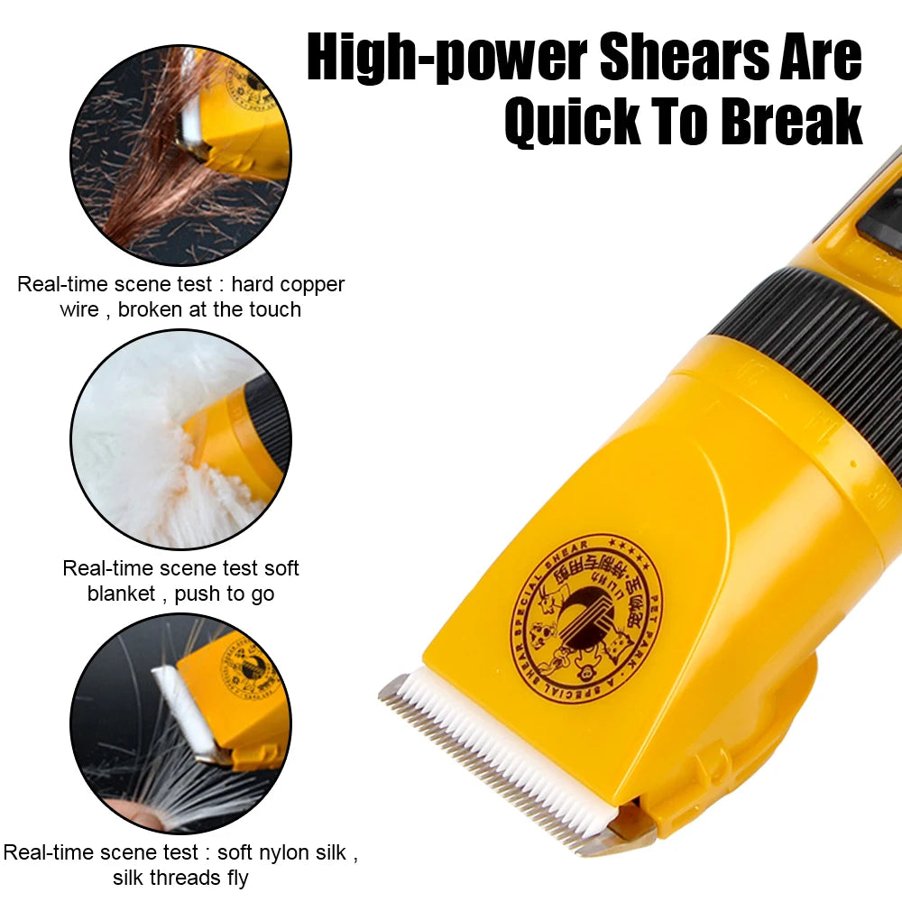 Yellow grooming shears with text about its durability against various materials