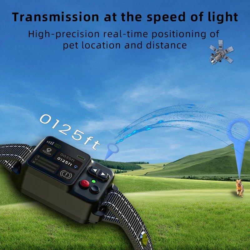 GPS dog fence collar showing real time distance display and training modes