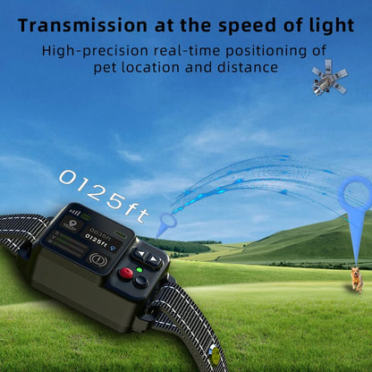 GPS dog fence collar showing real time distance display and training modes