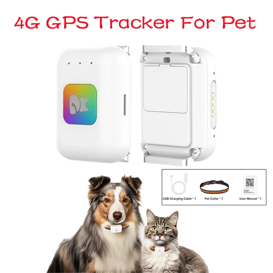 4G GPS tracker for pets with a dog and cat wearing collars, USB charging cable