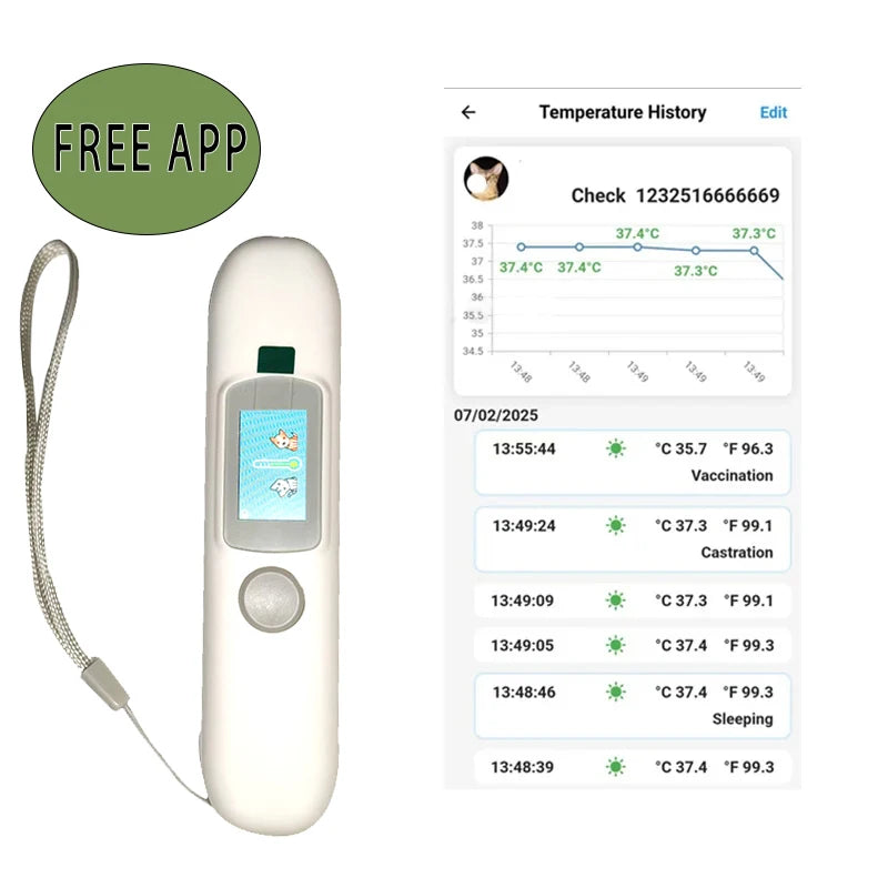 Digital thermometer with temperature history app on a white background