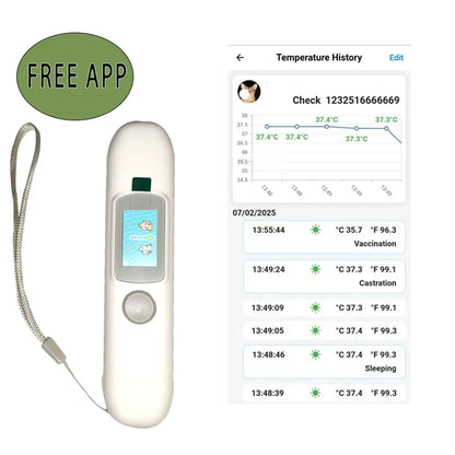 Digital thermometer with temperature history app on a white background