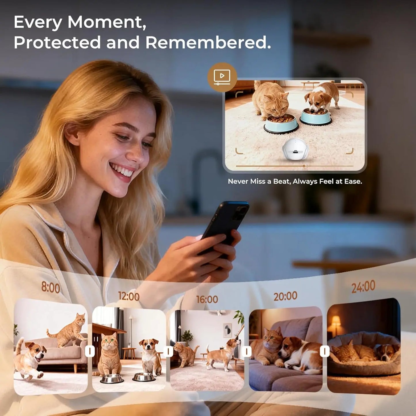 Woman using a smartphone with a pet monitoring app, showing a timeline of pet activities.