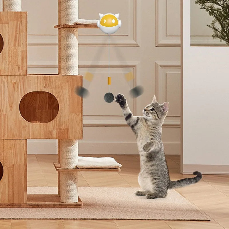 Cat playing with a toy attached to a wooden cat tree in a room.