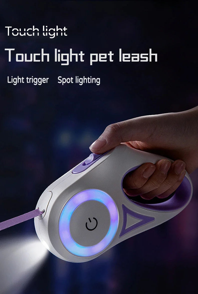 retractable dog lead with LED light and reflective design