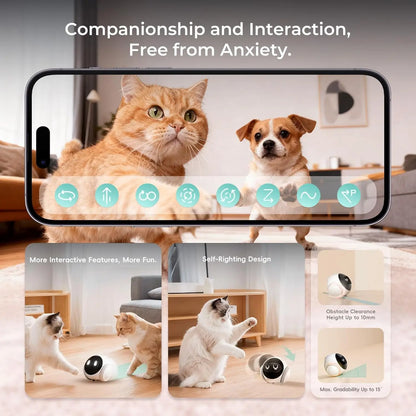 Smart pet toy with a phone interface showing a cat and dog, and additional features displayed below.