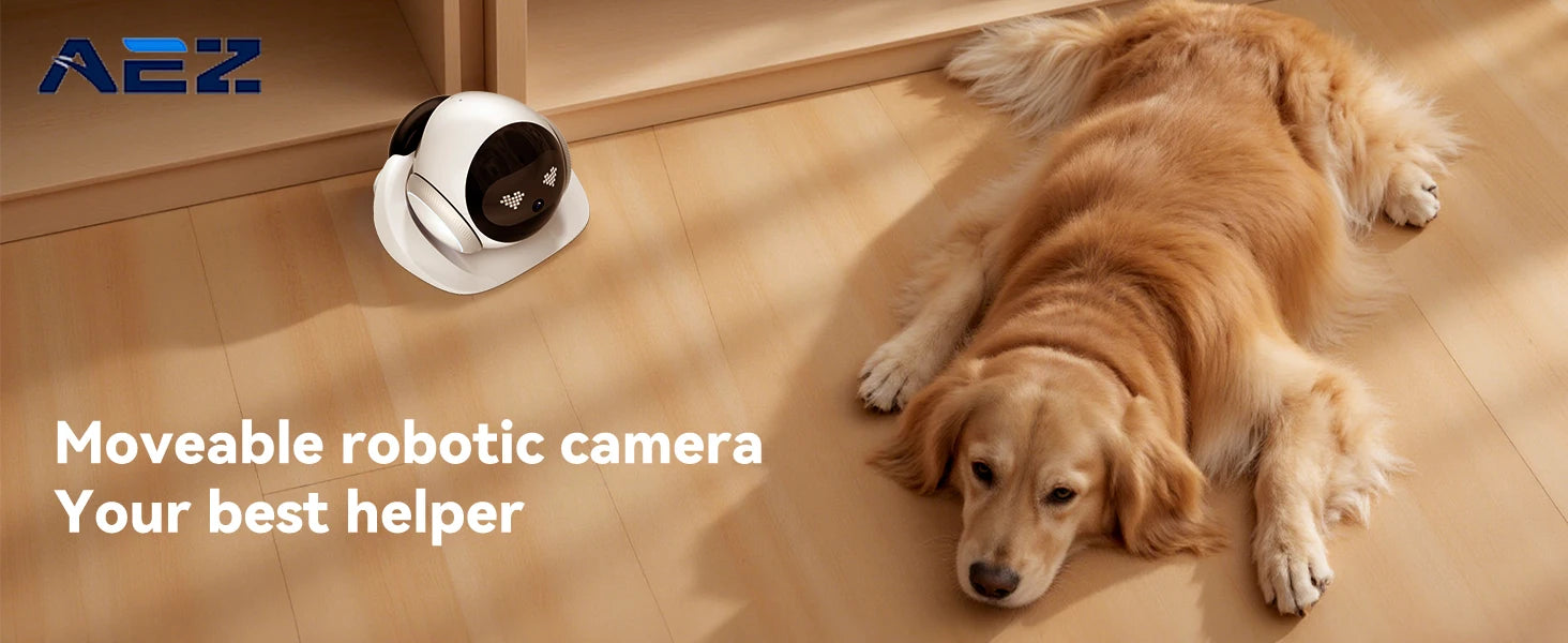 Dog lying on a floor next to a moveable robotic camera with AEZ branding.