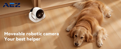 Dog lying on a floor next to a moveable robotic camera with AEZ branding.