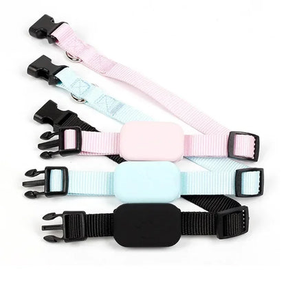 Set of four adjustable pet collars in black, pink, and light blue on a white background