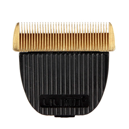 Hair clipper comb with gold blades on a white background