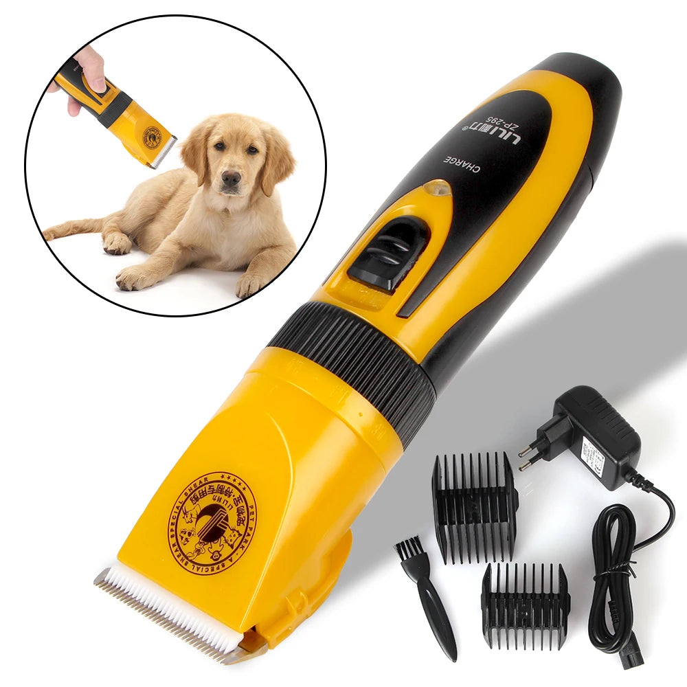 Yellow and black pet grooming clipper with attachments on a white background