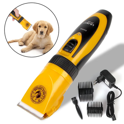 Yellow and black pet grooming clipper with attachments on a white background