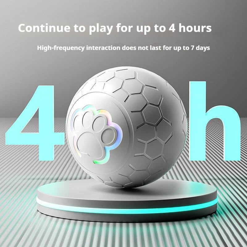 White ball with hexagonal pattern on a stand, displaying '4h' and text about battery life.