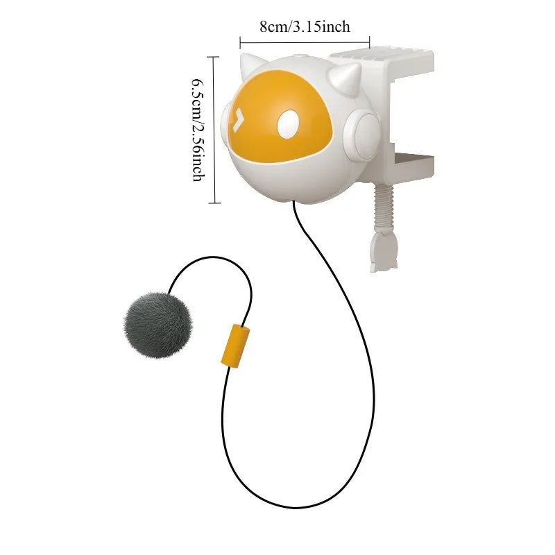 Cat toy with a yellow ball and gray catnip attachment, showing measurements on a white background.