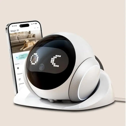 Smart home device with digital display and smartphone showing app interface on beige background
