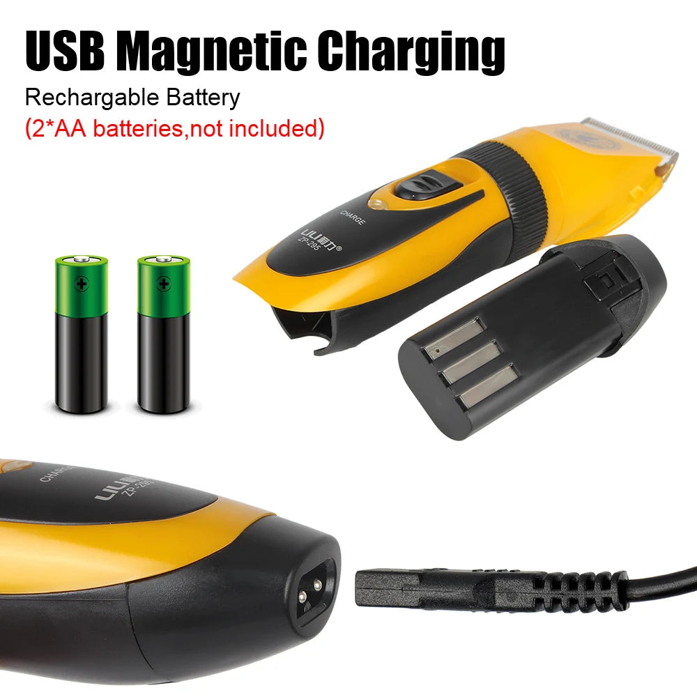 Yellow and black grooming tool with USB charging cable and batteries on a white background